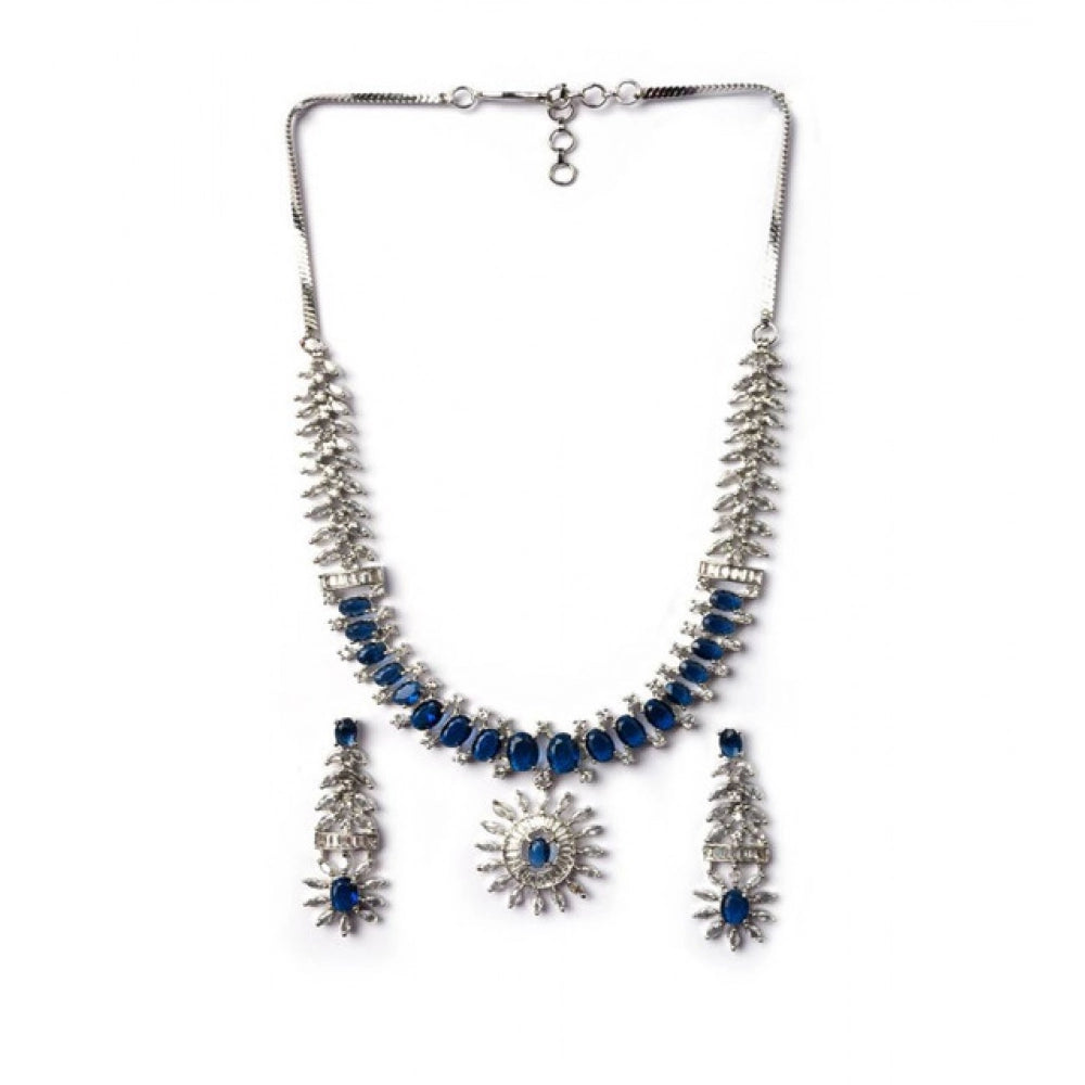Women's Brass Silver Plated Necklace set (Blue)