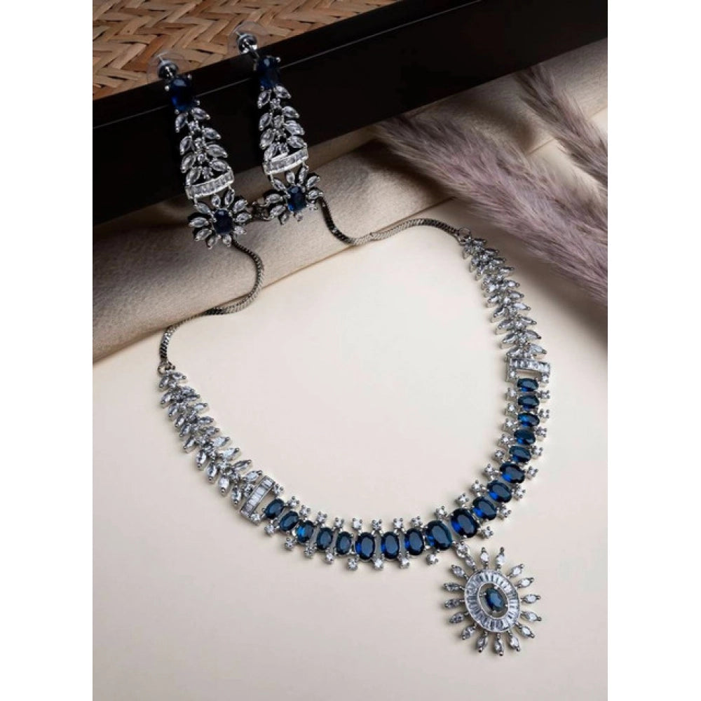 Women's Brass Silver Plated Necklace set (Blue)