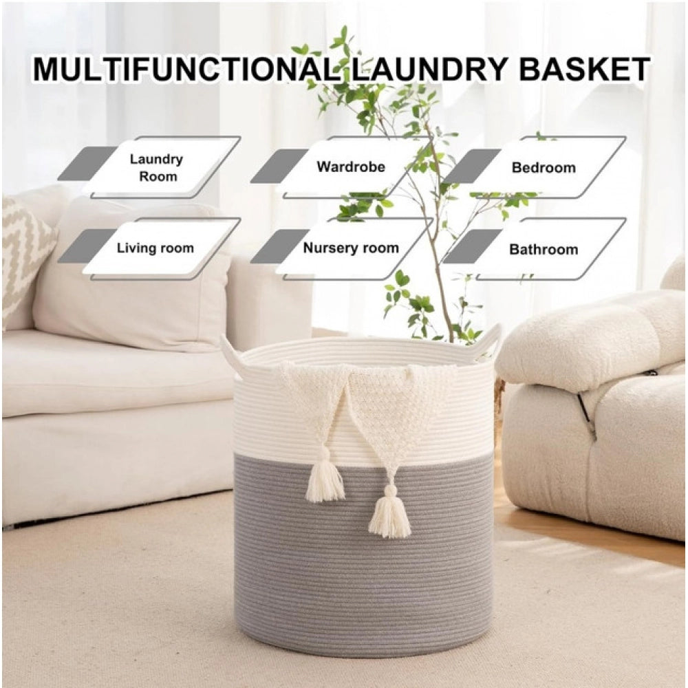 Cotton 12x14 Inch-1 Pcs Storage Basket For Clothes With Out Lid (Gray-White)