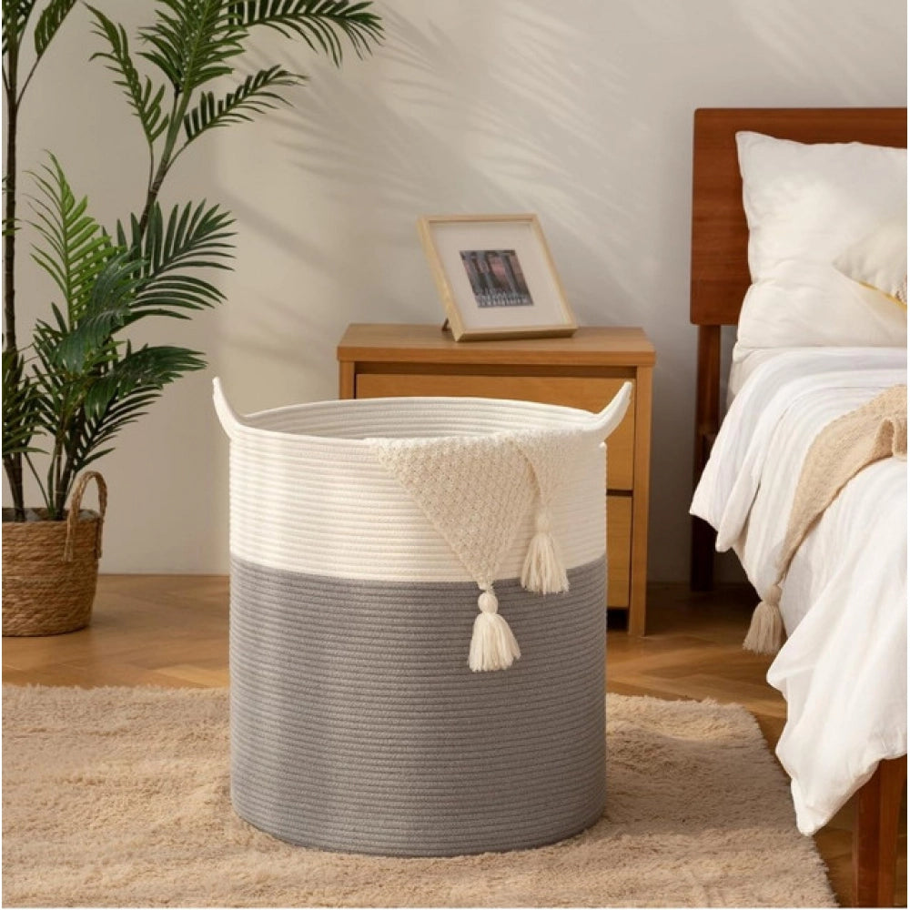 Cotton 12x14 Inch-1 Pcs Storage Basket For Clothes With Out Lid (Gray-White)