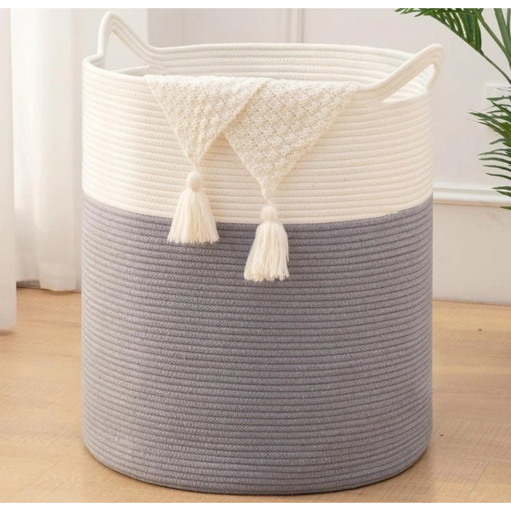 Cotton 12x14 Inch-1 Pcs Storage Basket For Clothes With Out Lid (Gray-White)
