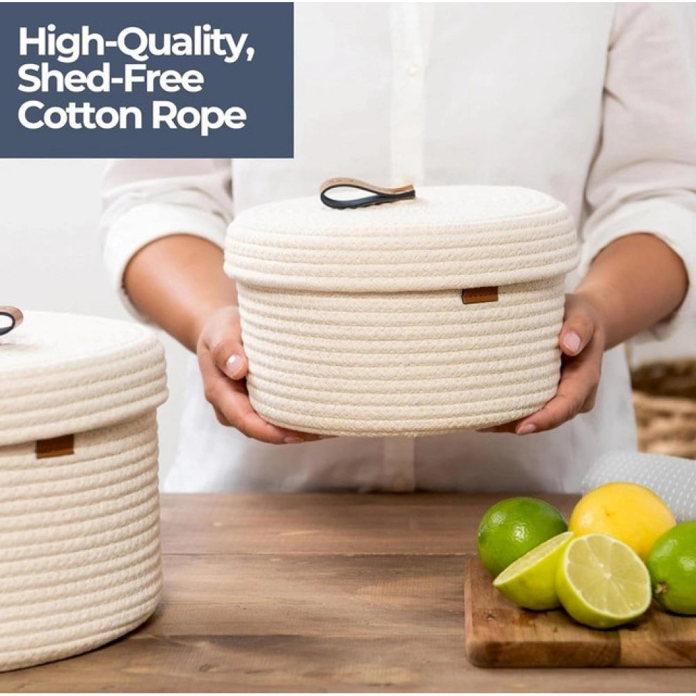 Cotton 2 Pcs Set Roti Box Storage Basket With Lid (White)