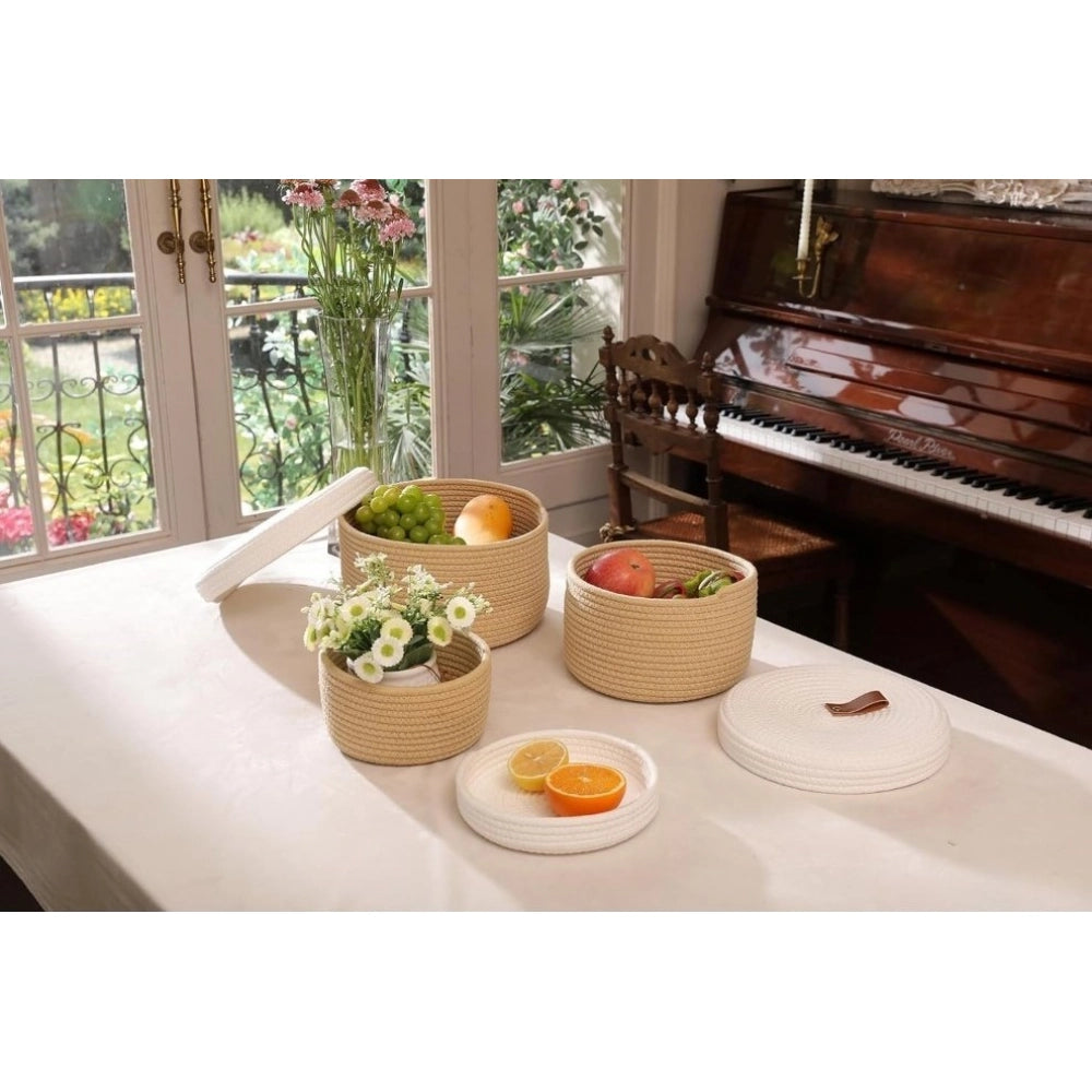 Cotton 3 Pcs Set Roti Box Storage Basket With Lid (Beige-White)