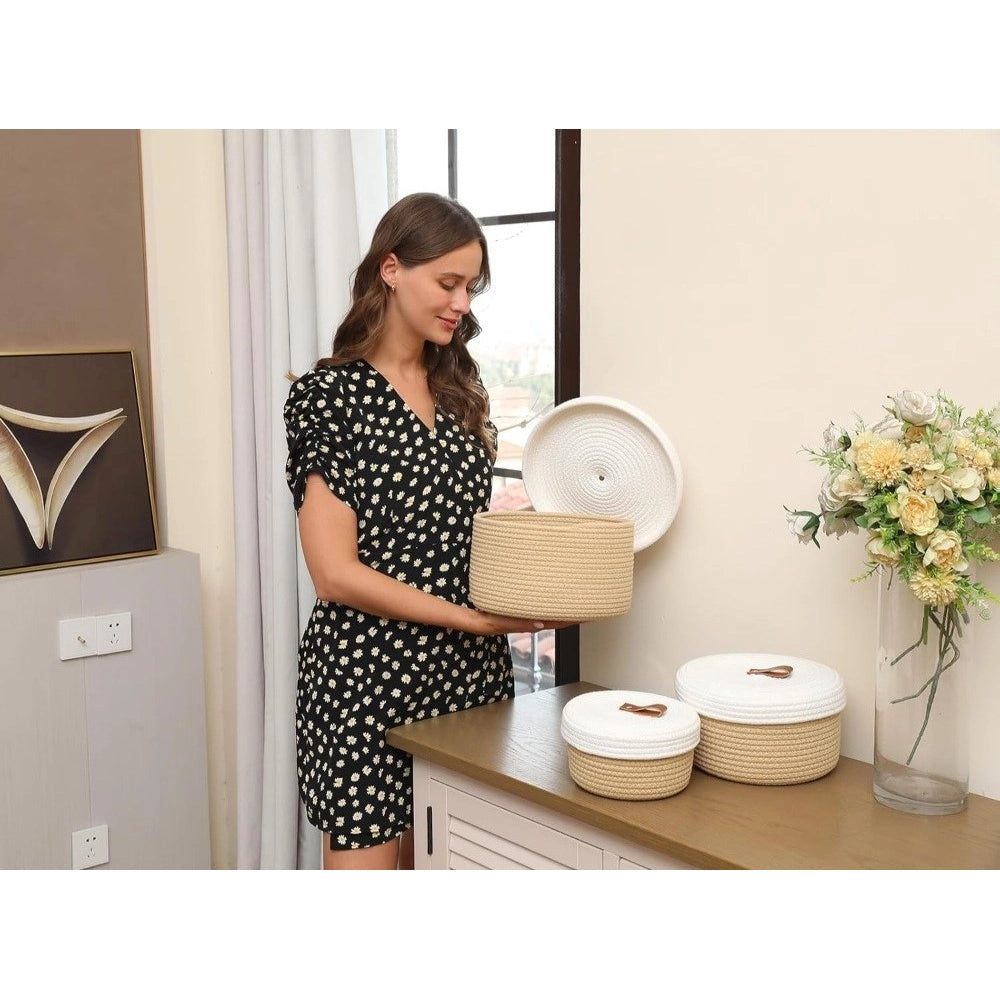 Cotton 3 Pcs Set Roti Box Storage Basket With Lid (Beige-White)