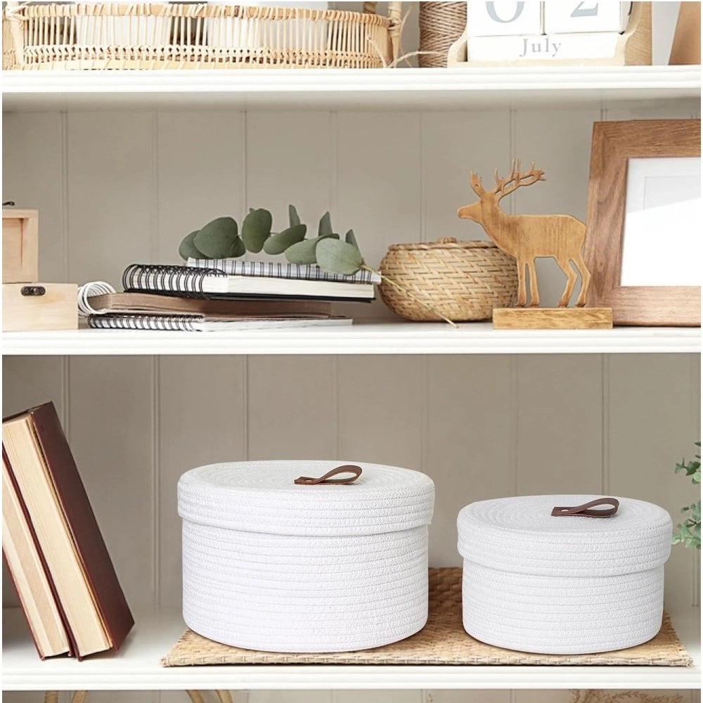 Cotton 3 Pcs Set Roti Box Storage Basket With Lid (White)