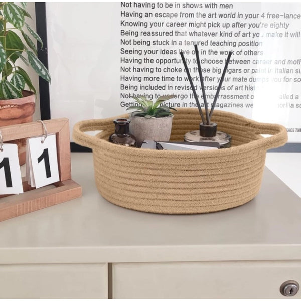 Cotton 8x3 Inch Round Bedside Organizer With Out Lid (Beige)