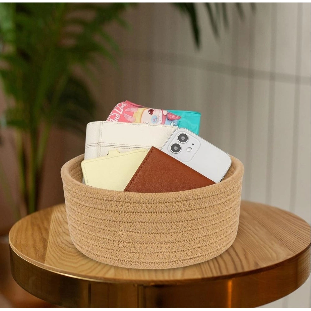 Cotton 8x3 Inch Round 1 Pcs Bedside Organizer With Out Lid (Beige)