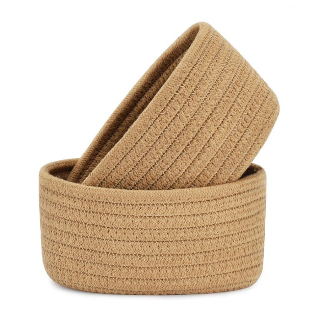 Cotton 8x3 Inch Round 2 Set Bedside Organizer With Out Lid (Beige)