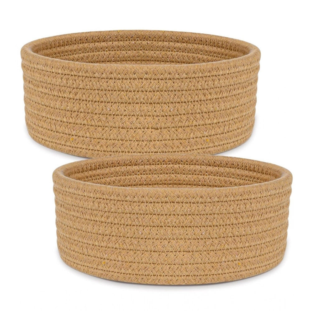 Cotton 8x3 Inch Round 2 Set Bedside Organizer With Out Lid (Beige)