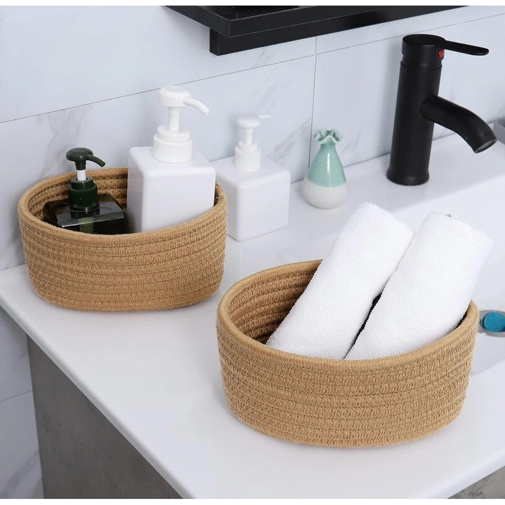 Cotton 8x3 Inch Round 2 Set Bedside Organizer With Out Lid (Beige)