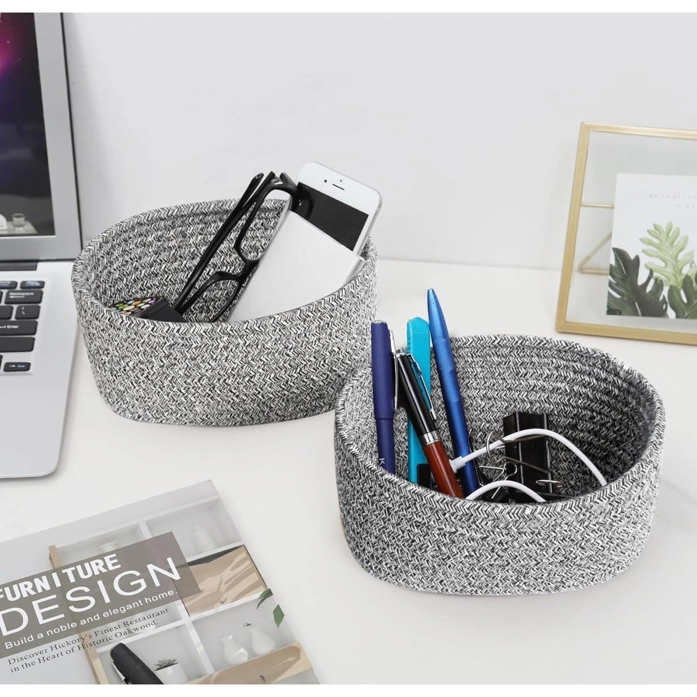 Cotton 8x3 Inch Kidi Round 2 Set Bedside Organizer With Out Lid (Black)