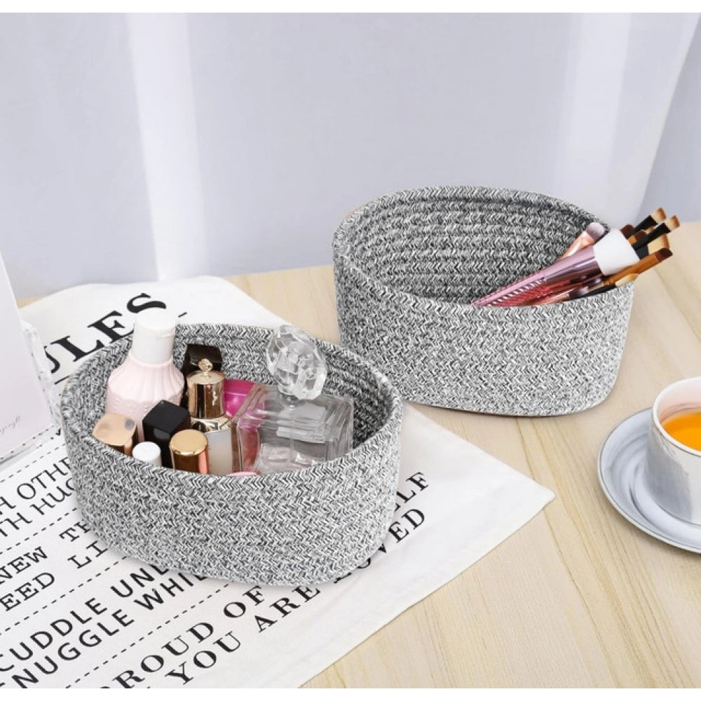 Cotton 8x3 Inch Kidi Round 2 Set Bedside Organizer With Out Lid (Black)