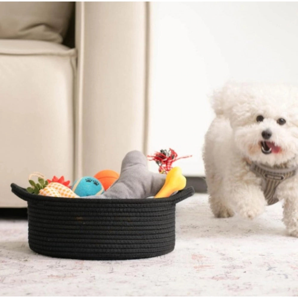 Cotton 8x3 Inch Round Bedside Organizer With Out Lid (Black)