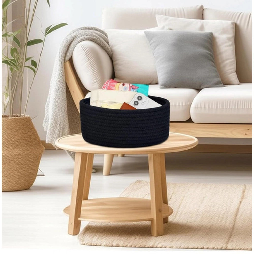 Cotton 8x3 Inch Round 1 Pcs Bedside Organizer With Out Lid (Black)