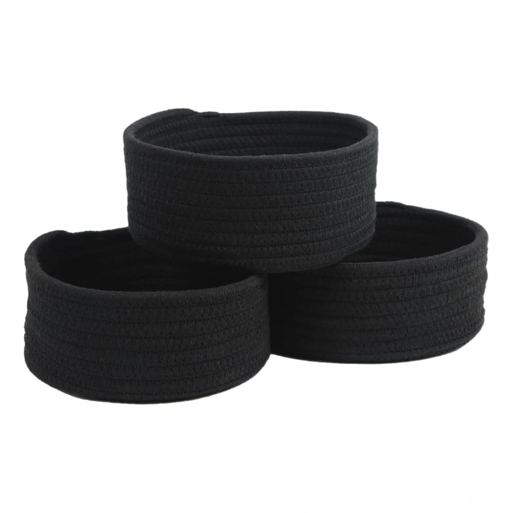 Cotton 8x3 Inch Round 3 Set Bedside Organizer With Out Lid (Black)