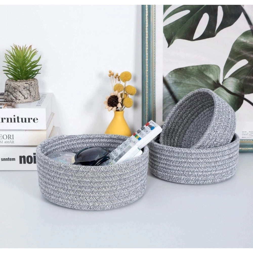 Cotton 8x3 Inch Kidi Round 3 Set Bedside Organizer With Out Lid (Gray)