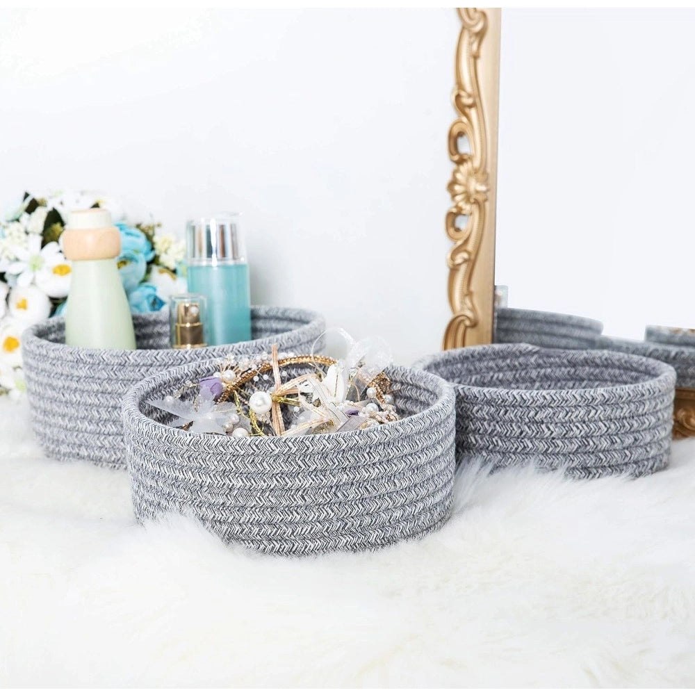 Cotton 8x3 Inch Kidi Round 3 Set Bedside Organizer With Out Lid (Gray)