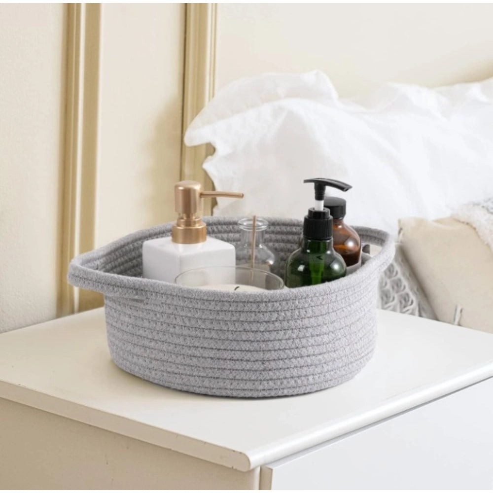 Cotton 8x3 Inch Round Bedside Organizer With Out Lid (Gray)