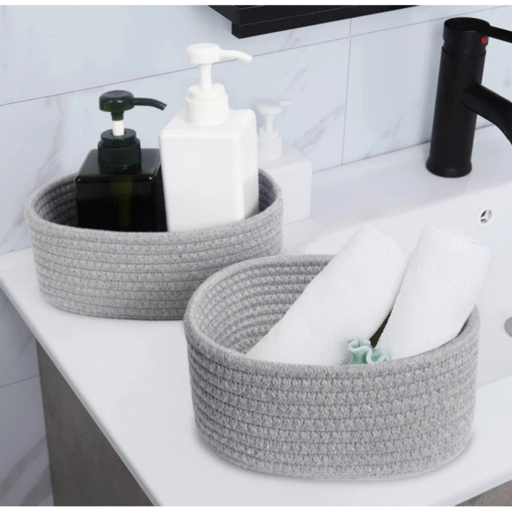 Cotton 8x3 Inch Round 2 Set Bedside Organizer With Out Lid (Gray)