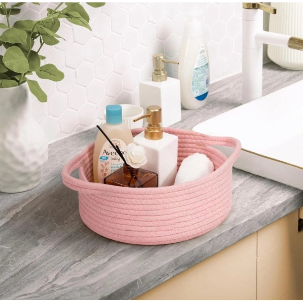 Cotton 8x3 Inch Round Bedside Organizer With Out Lid (Pink)
