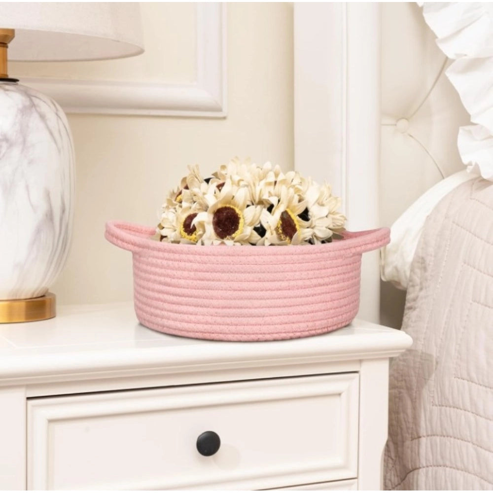 Cotton 8x3 Inch Round Bedside Organizer With Out Lid (Pink)