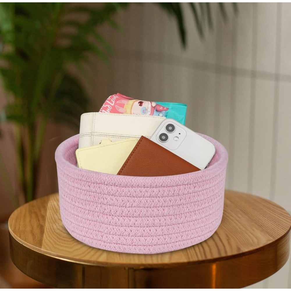 Cotton 8x3 Inch Round 1 Pcs Bedside Organizer With Out Lid (Pink)