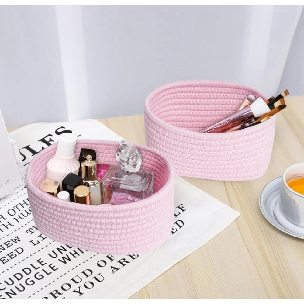 Cotton 8x3 Inch Round 2 Set Bedside Organizer With Out Lid (Pink)