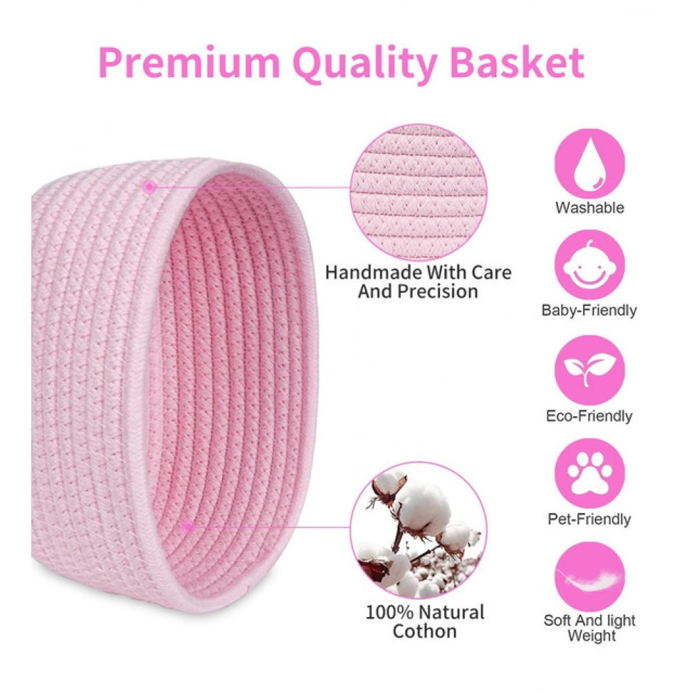 Cotton 8x3 Inch Round 2 Set Bedside Organizer With Out Lid (Pink)