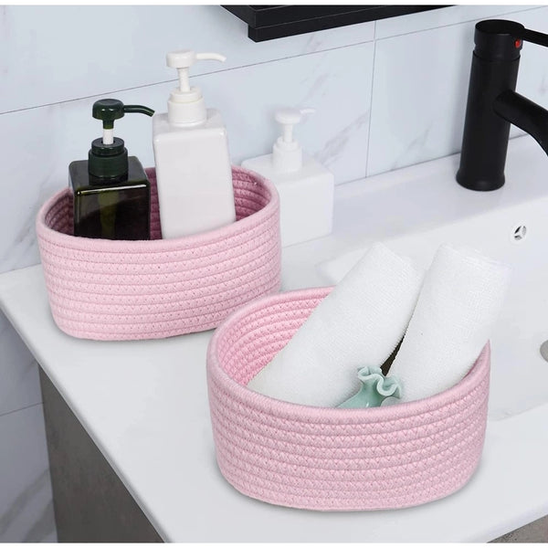 Cotton 8x3 Inch Round 2 Set Bedside Organizer With Out Lid (Pink)