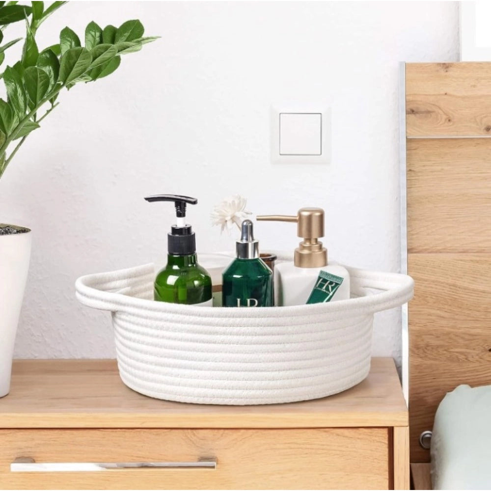 Cotton 8x3 Inch Round Bedside Organizer With Out Lid (White)