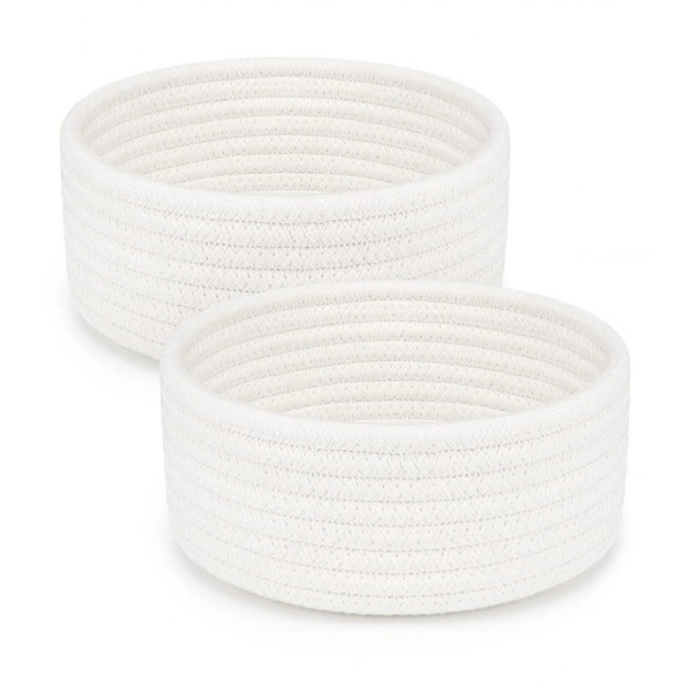 Cotton 8x3 Inch Round 2 Set Bedside Organizer With Out Lid (White)