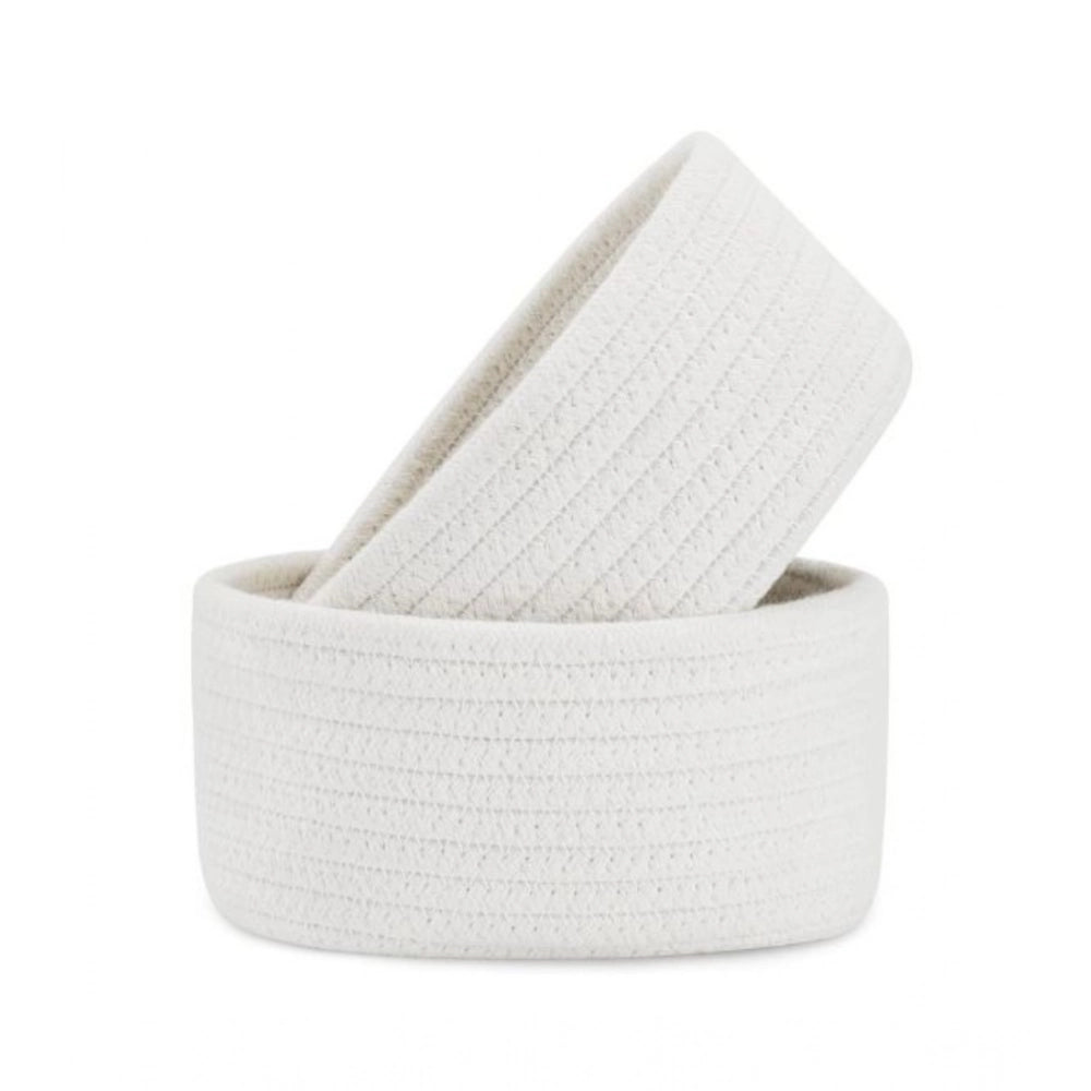 Cotton 8x3 Inch Round 2 Set Bedside Organizer With Out Lid (White)