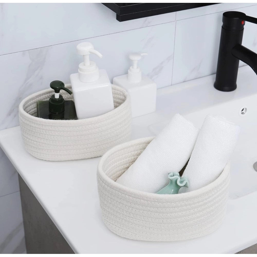 Cotton 8x3 Inch Round 2 Set Bedside Organizer With Out Lid (White)