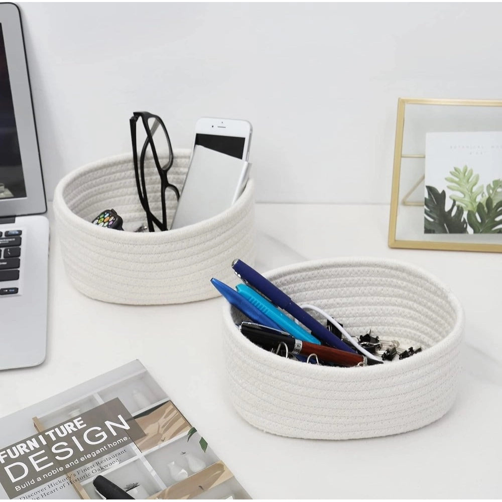 Cotton 8x3 Inch Round 2 Set Bedside Organizer With Out Lid (White)