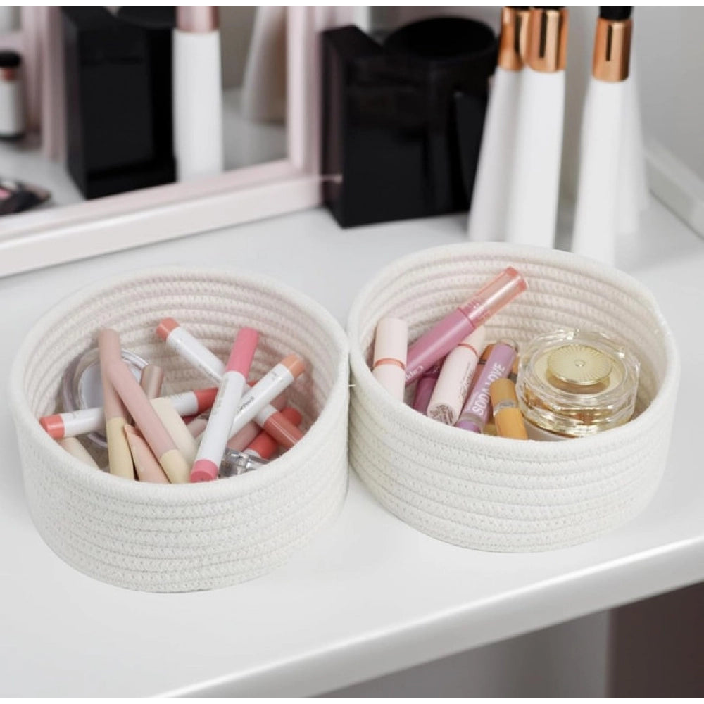 Cotton 8x3 Inch Round 3 Set Bedside Organizer With Out Lid (White)