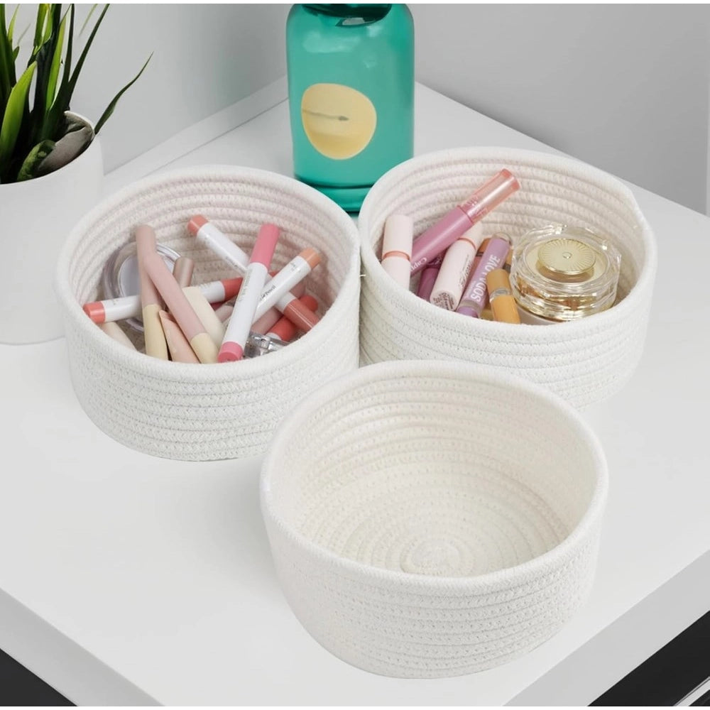 Cotton 8x3 Inch Round 3 Set Bedside Organizer With Out Lid (White)