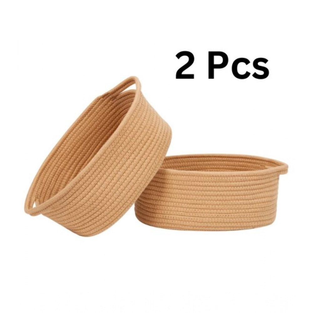 Cotton 2 Pcs 10x7x4 Inch Oval Storage Basket For Clothes (Beige)