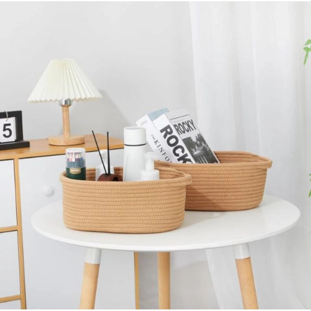 Cotton 2 Pcs 10x7x4 Inch Oval Storage Basket For Clothes (Beige)