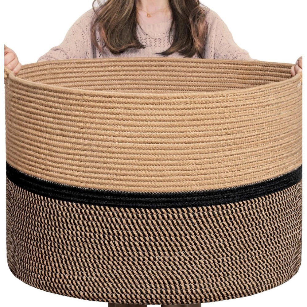 Cotton Dori 16x14 Inch Storage Basket For Clothes With Out Lid (Beige-Beige-Black)