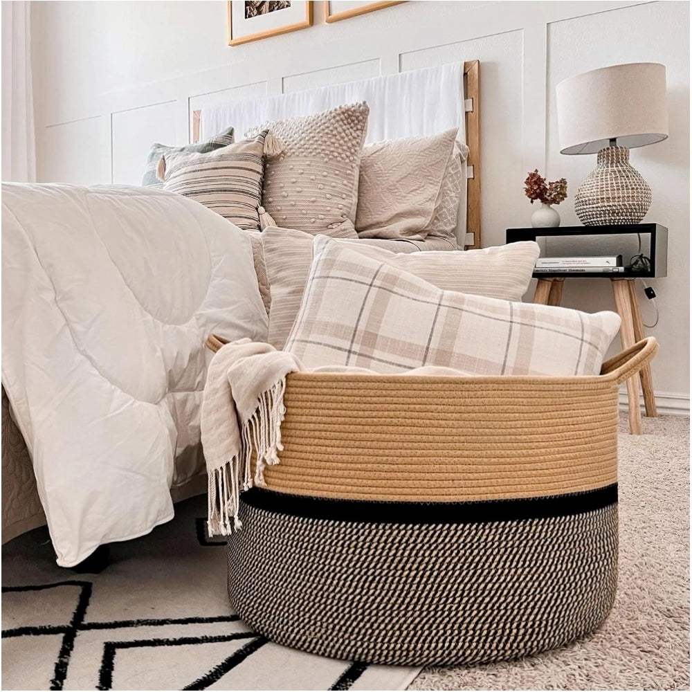 Cotton Dori 16x14 Inch Storage Basket For Clothes With Out Lid (Beige-Beige-Black)
