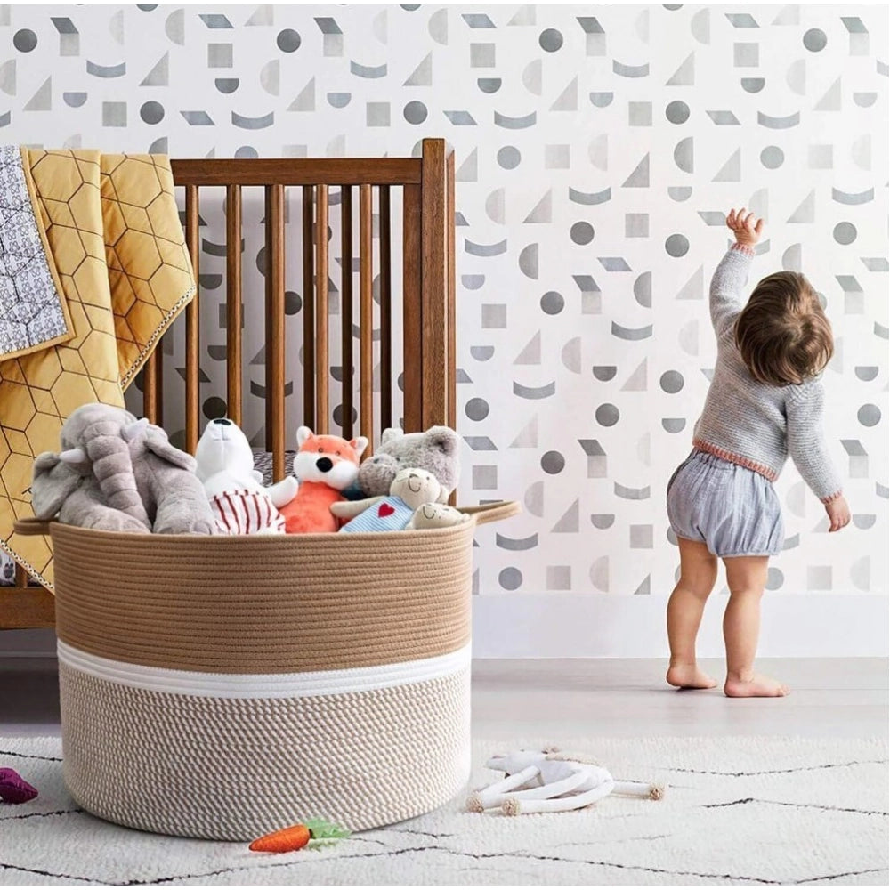 Cotton Dori 16x14 Inch Storage Basket For Clothes With Out Lid (Beige-Beige-White)