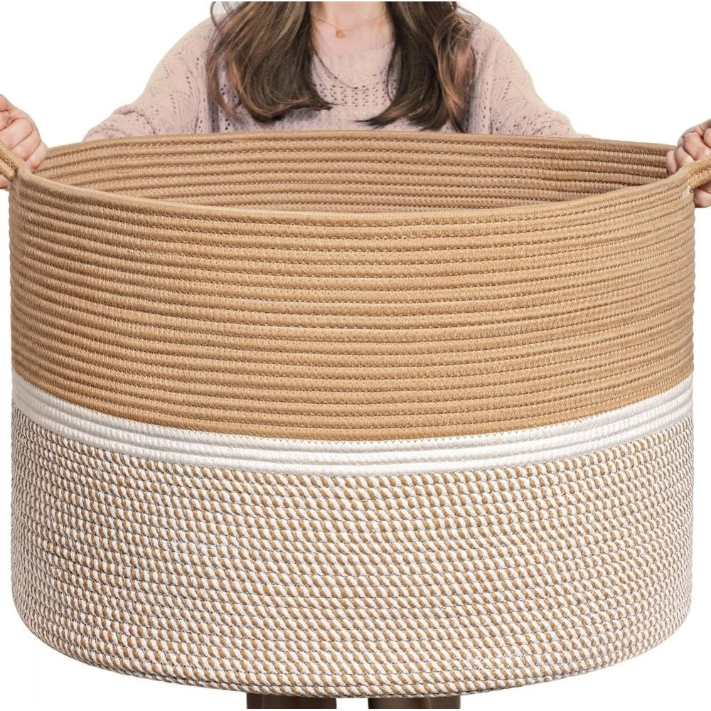Cotton Dori 16x14 Inch Storage Basket For Clothes With Out Lid (Beige-Beige-White)