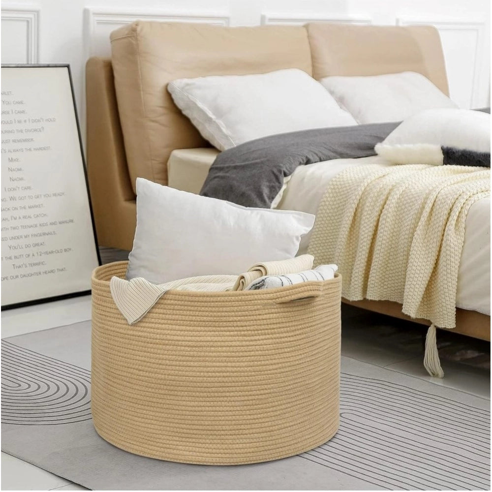 Cotton Pack Of_1 14x12 Inch Storage Basket For Clothes With Out Lid (Beige)