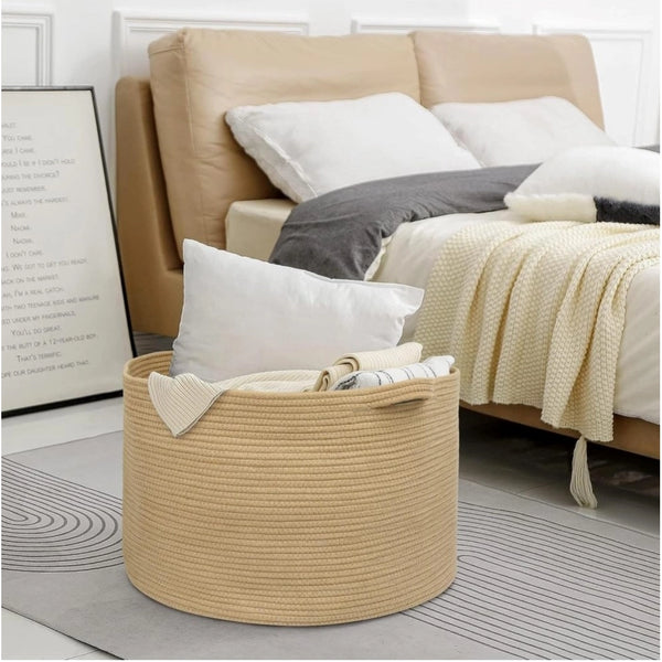 Cotton Pack Of_1 14x12 Inch Storage Basket For Clothes With Out Lid (Beige)