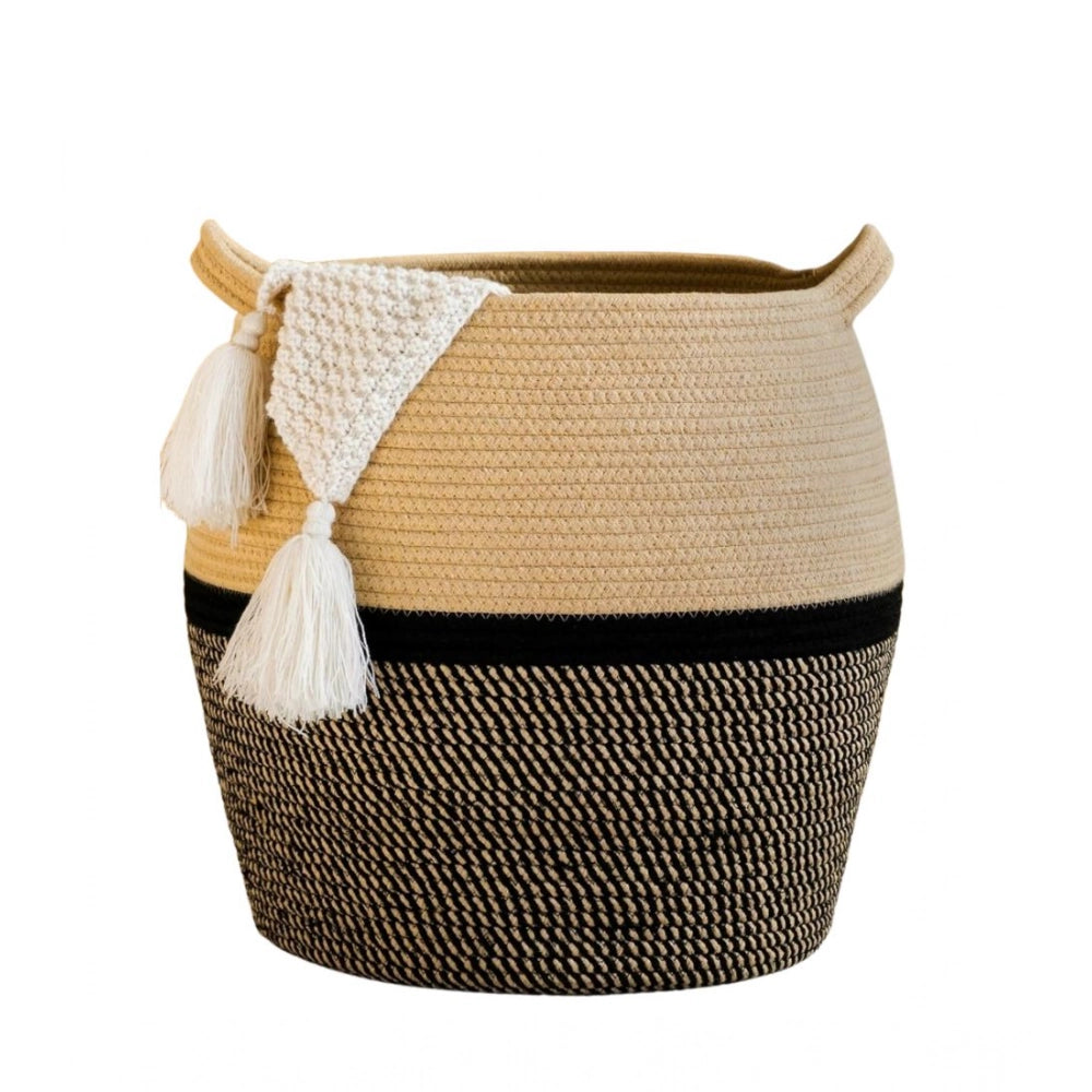 Cotton Matka 14x12 Inch Storage Basket For Clothes With Out Lid (Beige-Black)