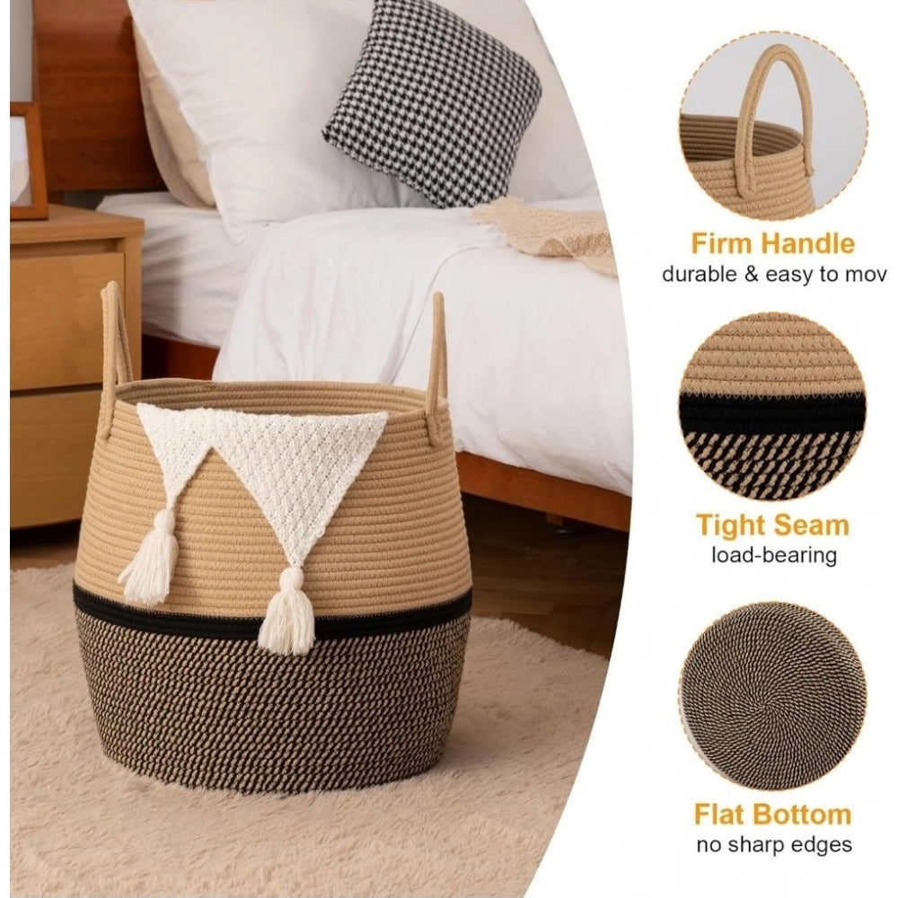 Cotton Matka With Handle 14x12 Inch Storage Basket For Clothes With Out Lid (Beige-Black)
