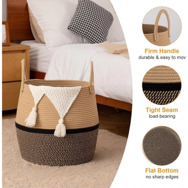 Cotton Matka With Handle 14x12 Inch Storage Basket For Clothes With Out Lid (Beige-Black)
