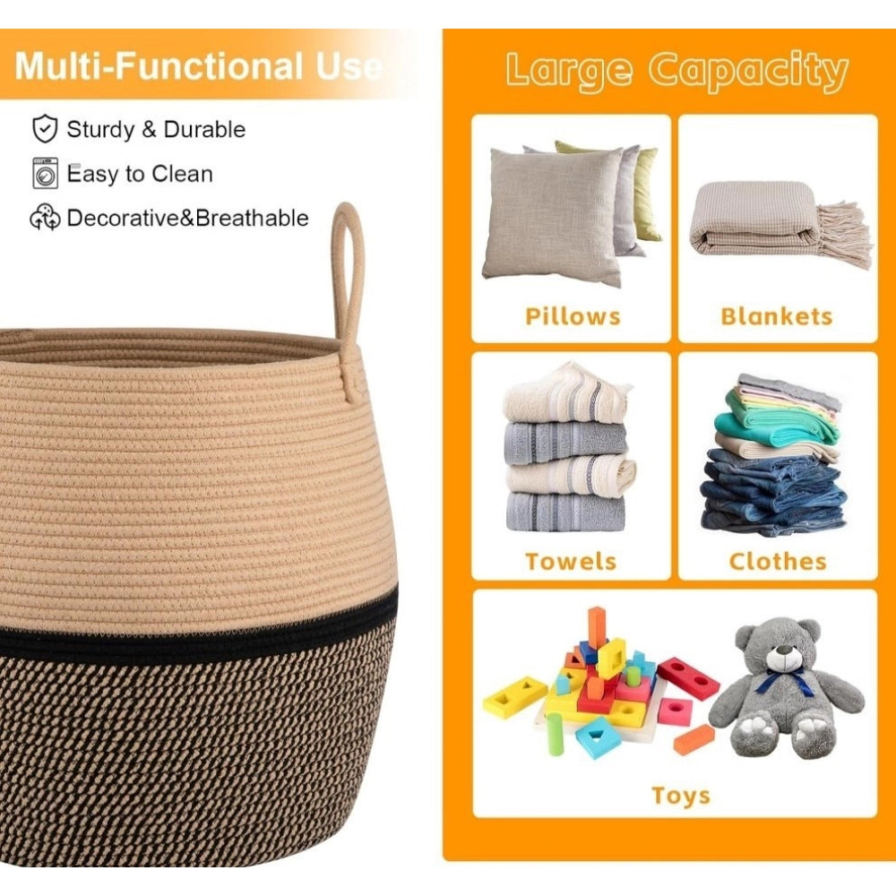 Cotton Matka With Handle 14x12 Inch Storage Basket For Clothes With Out Lid (Beige-Black)