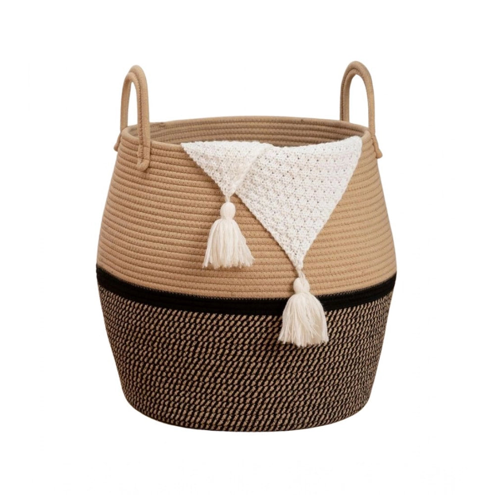Cotton Matka With Handle 14x12 Inch Storage Basket For Clothes With Out Lid (Beige-Black)