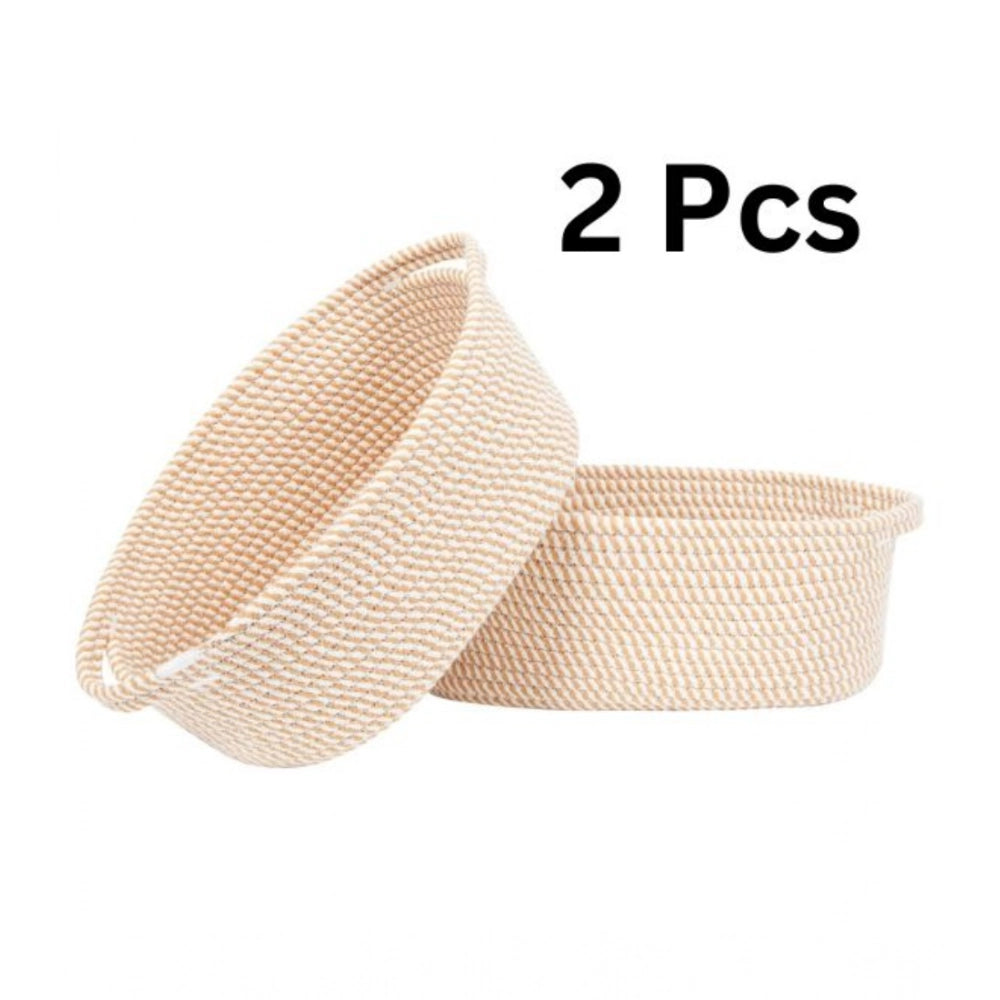 Cotton 2 Pcs 10x7x4 Inch Oval Storage Basket For Clothes (Beige)